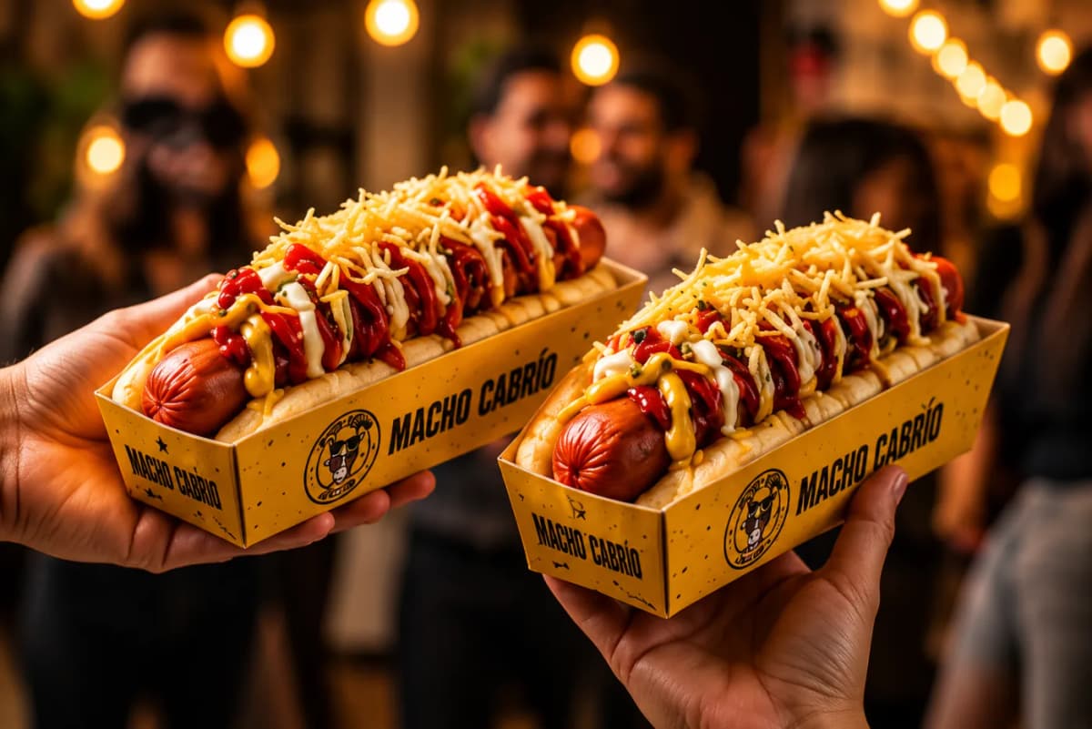 Dos hot dogs de Macho Cabrío en sus cajas amarillas, servidos en una fiesta de noche