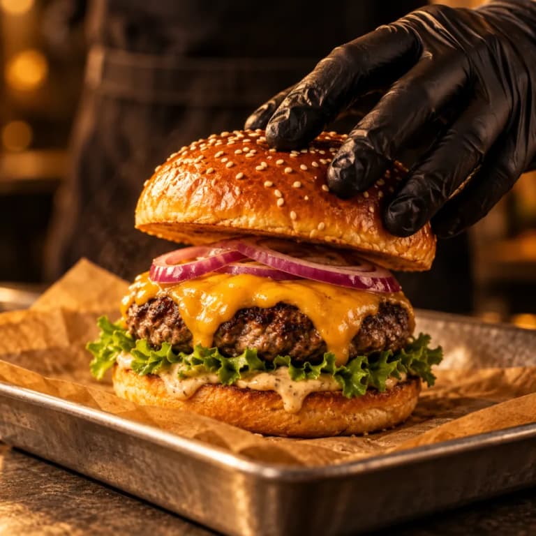 Cheeseburger del Macho recién armada con cebolla morada, lechuga y queso derretido