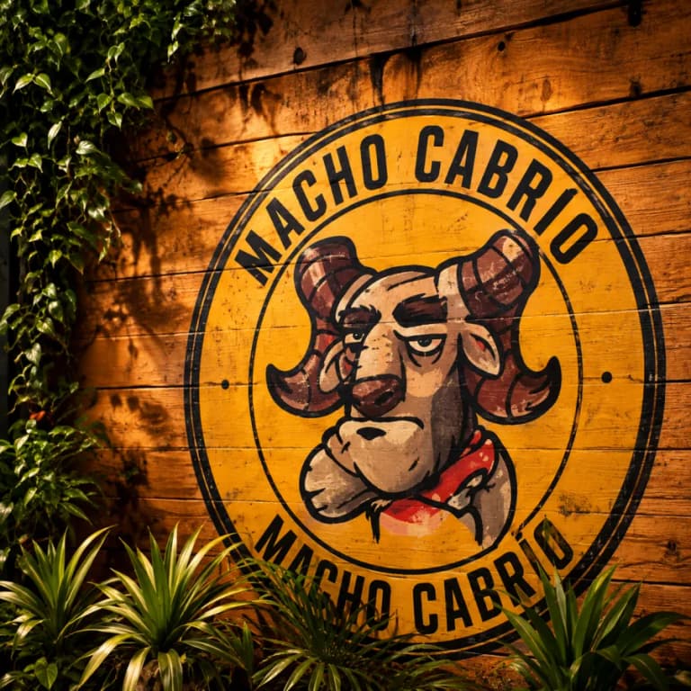 Mural del Macho Cabrío pintado sobre una pared de madera, rodeado de plantas